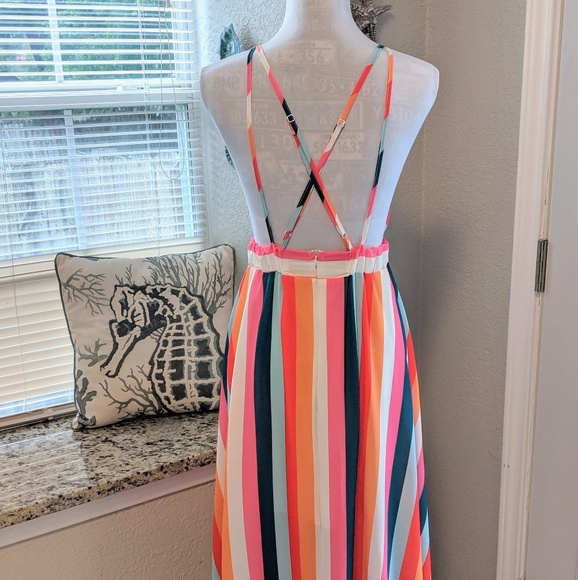 New Gorgeous Rainbow Striped V Plunge Maxi Dress - Picture 8 of 15